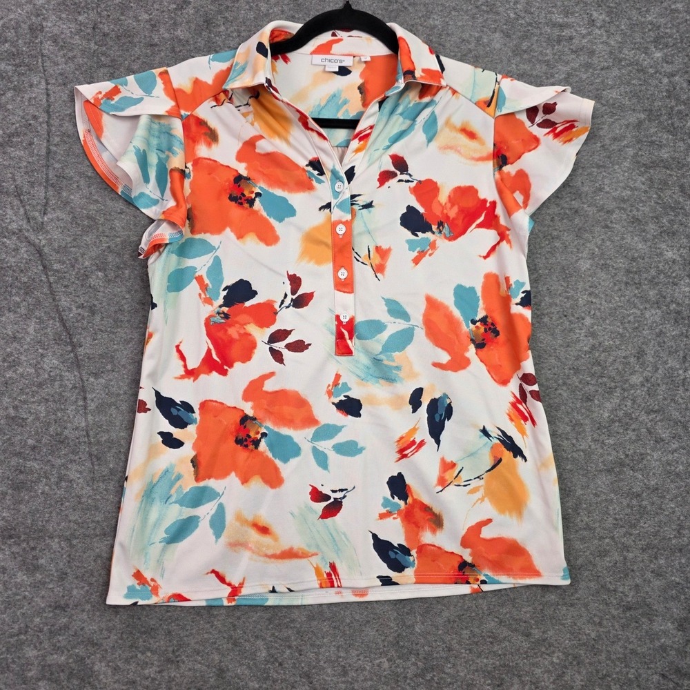 Chicos Zenergy Orange Blue Floral Flutter Sleeve Polo Top Size 1 M